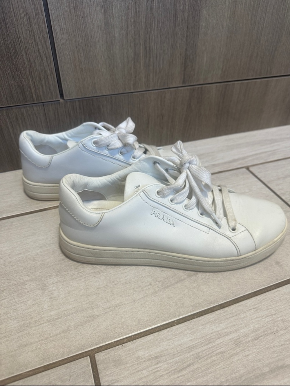 PRADA White Leather Low-Top Lace-Up Sneakers